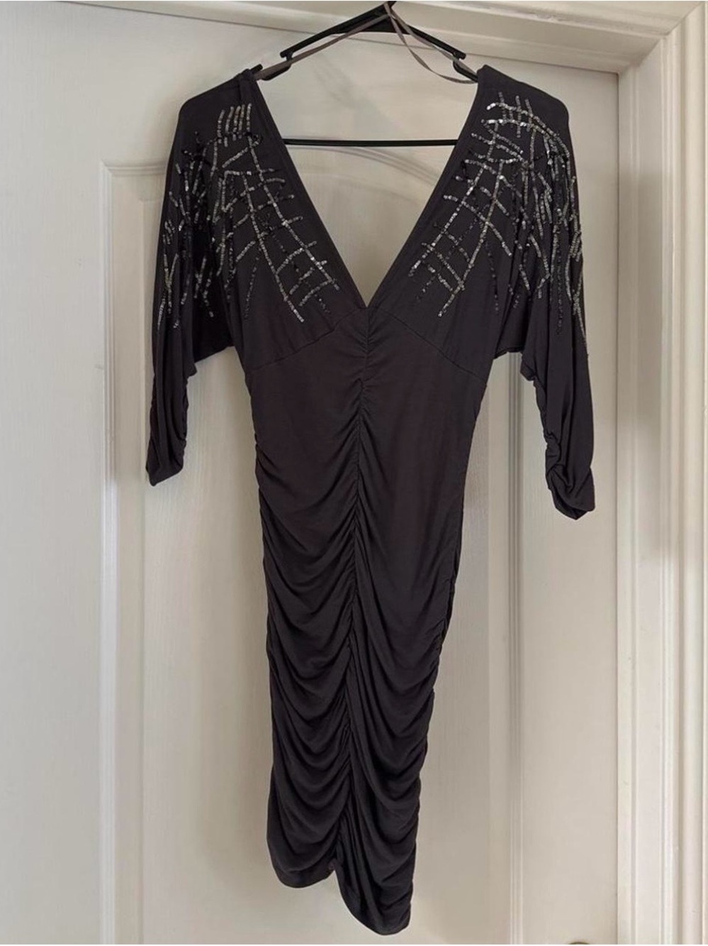 Guess Black Ruched V-Neck Mini Dress with Beaded Accents